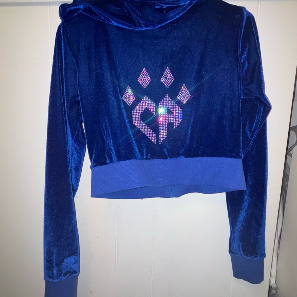 Blue Velvet Hoodie with Rhinestone Design